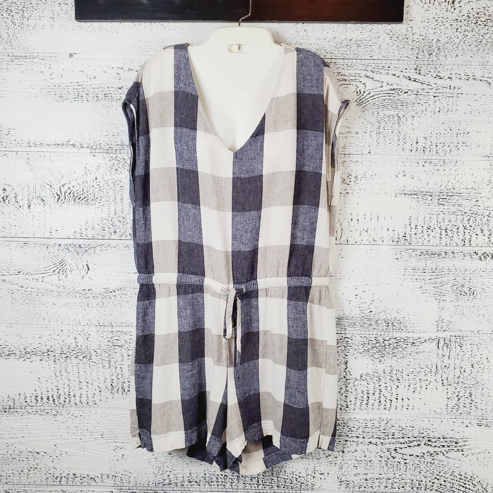 Old Navy Linen-Blend Plaid Sleeveless Romper Casual Summer One-Piece Coastal